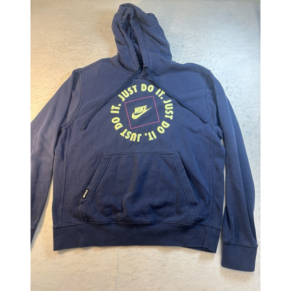 Vintage Y2K Nike Hoodie Sweatshirt Mens Size L Chest Logo Navy Kangaroo Pocket